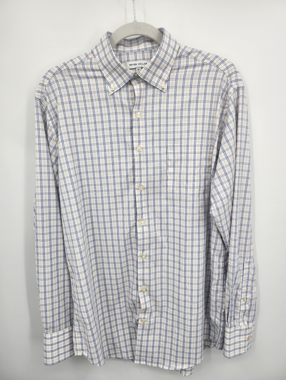 Peter Millar Long Sleeve Blue White Orange Checkered Plaid Button Down Shirt M